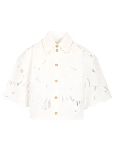 Zimmermann Womens Ivory Mahon Embroidered Cropped Cotton Shirt Xl In White