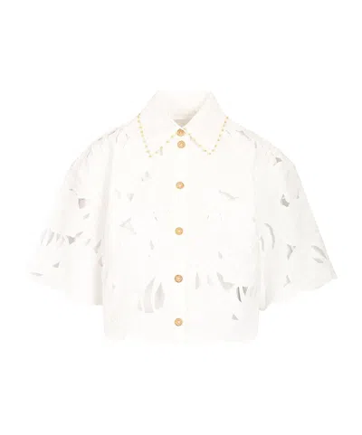 Zimmermann Womens Ivory Mahon Embroidered Cropped Cotton Shirt Xl In White
