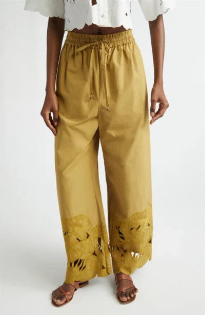 Zimmermann Mahon Embroidered Cutwork Cotton Wide Leg Ankle Pants In Yellow