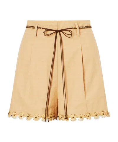 Zimmermann Mahon Flower Pleated Leather And Raffia-trimmed Cotton Shorts In Brown