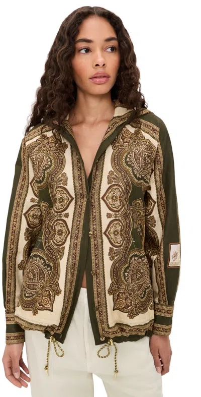 Zimmermann Mahon Paisley Print Hooded Button-up Shirt In Brown