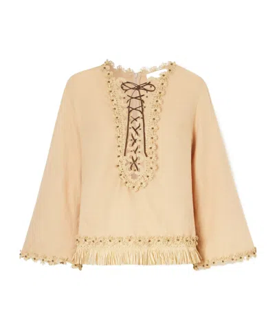 Zimmermann Mahon Leather And Raffia-trimmed Cotton Blouse In Brown