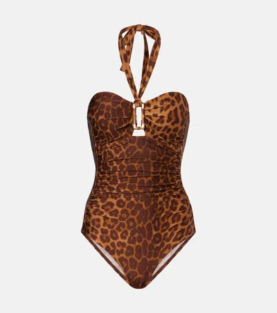 Zimmermann Animal Print Halter Neck Ruched Strap Swimsuit In Brown