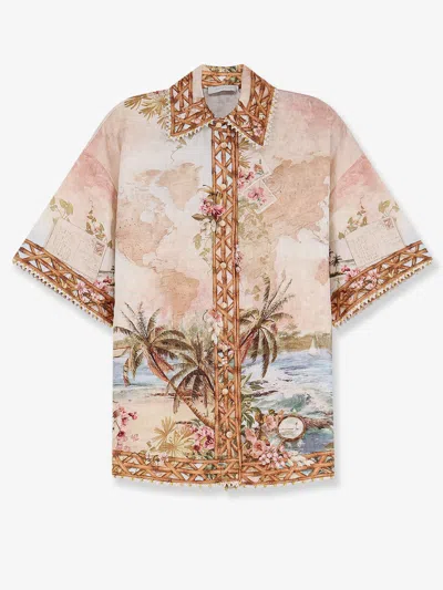 Zimmermann Mahon Linen Shirt With Blue Island Map Print In Multi