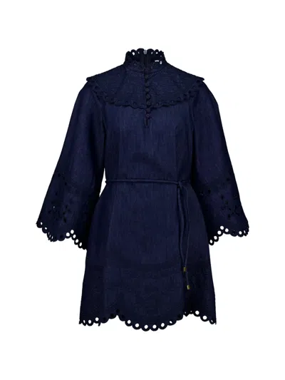 Zimmermann Blue Embroidered Mandarin Collar Dress In Multi