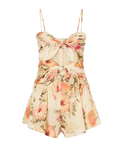 Zimmermann Mahon Openwork Pleated Print Jumpsuit In Brown