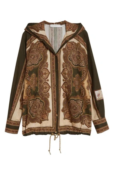 Zimmermann Mahon Paisley Print Hooded Button-up Shirt In Brown