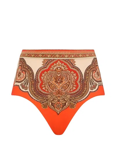 Zimmermann Mahon Paisley-print High-waisted Bikini Bottoms In Brown
