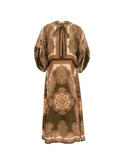 Zimmermann Mahon Paisley-print Tie-neck Midi Dress In Brown