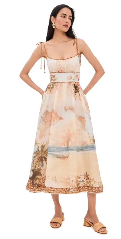 Zimmermann Island Map Print Midi Dress With Structured Bodice And Shell Charms In Brown