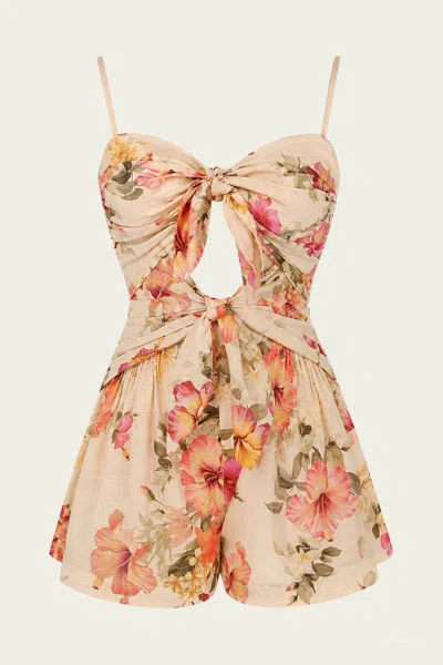 Zimmermann Mahon Playsuit In Rosella Hibiscus Cream In Multi