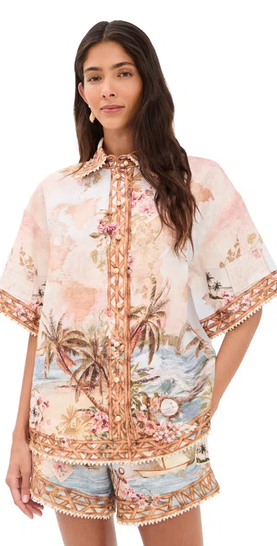 Zimmermann Mahon Linen Shirt With Blue Island Map Print In Multi