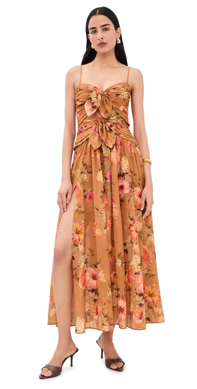 Zimmermann Mahon Tie Front Midi Dress Tan Hibiscus In Multi