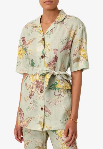 Zimmermann Matchmaker Belted Floral-print Linen Shirt In Green