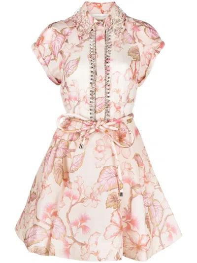 Zimmermann Matchmaker Embellished Floral-print Linen And Silk-blend Mini Dress In Coral Hibiscus