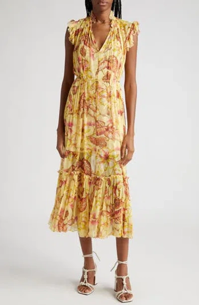 Zimmermann Matchmaker Hibiscus Print Flutter Sleeve Midi Dress In Yellow