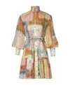 Zimmermann Matchmaker Lantern Belted Printed Cotton And Silk-blend Voile Mini Dress In Gray