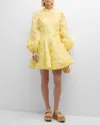 Zimmermann Floral Appliquéd Linen And Silk-blend Mini Dress In Lemon