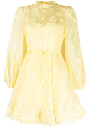 Zimmermann Floral Appliquéd Linen And Silk-blend Mini Dress In Yellow
