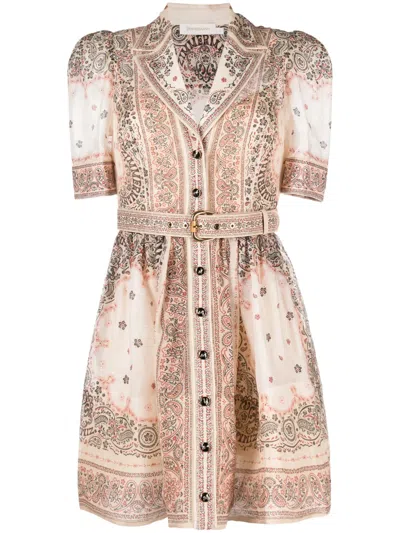 Zimmermann Matchmaker Belted Paisley-print Linen And Silk-blend Mini Dress In Cream Bandana