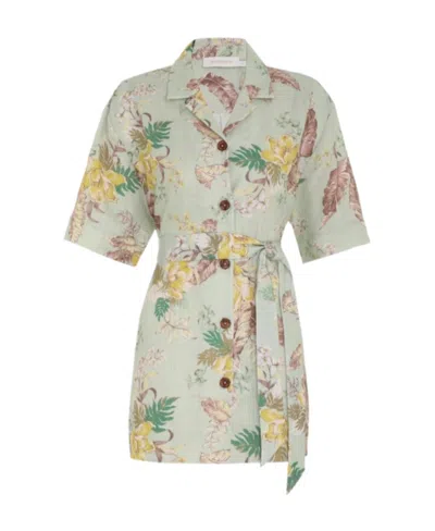 Zimmermann Matchmaker Belted Floral-print Linen Shirt In Green