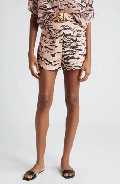 Zimmermann Matchmaker Tiger Stripe Belted High Waist Linen Safari Shorts In Animal Print