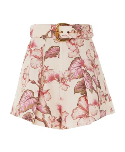 Zimmermann Matchmaker Belted Pleated Floral-print Linen Shorts In Coral Hibiscus