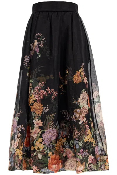 Zimmermann Pavilion Floral-print Linen And Silk-blend Midi Skirt In Black