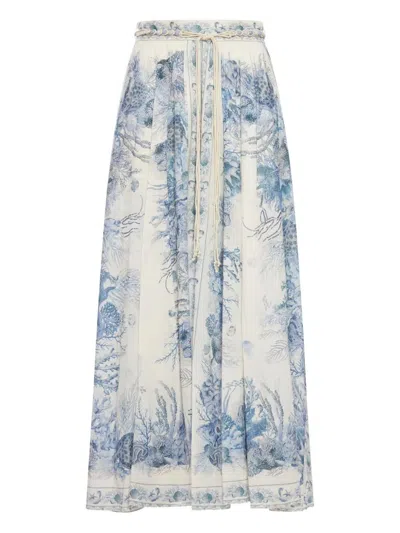 Zimmermann Wanderlust Belted Pleated Printed Cotton Maxi Skirt In Blue