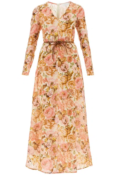 ZIMMERMANN GOLDEN FLORAL MAXI LINEN DRESS WITH PLUNGE NECKLINE