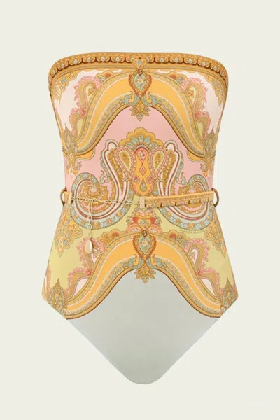 ZIMMERMANN MAXINE CHAIN TRIM BANDEAU ONE-PIECE IN GOLD PAISLEY