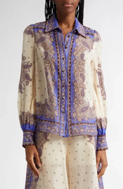 Zimmermann Maxine Paisley Blouson Sleeve Ramie Button-up Shirt In Pink