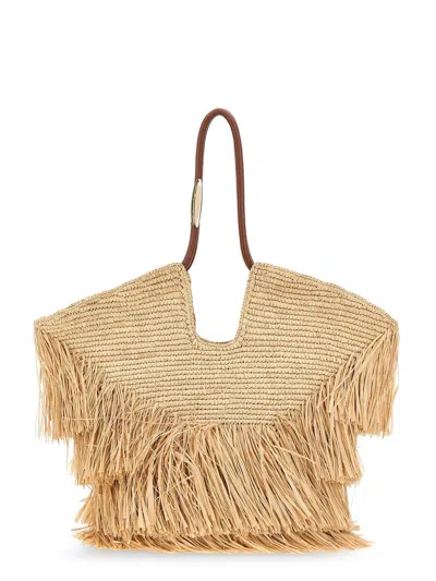 Zimmermann Medium Goldentime Fringe Raffia Shoulder Bag In Natural