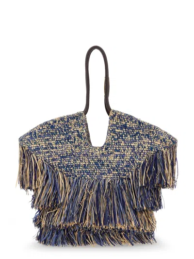 Zimmermann Medium Goldentime Raffia Shoulder Bag In Blue