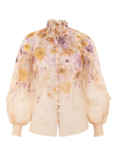Zimmermann Memento Blouse With Floral Print And Ruffles For Women In Neutral