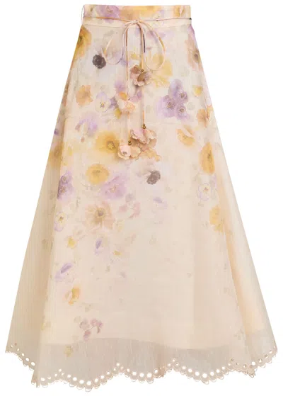 Zimmermann Memento Floral Linen-blend Midi Skirt In Multi