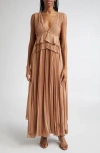Zimmermann Memento Pleated Ruffled Gown In Brown