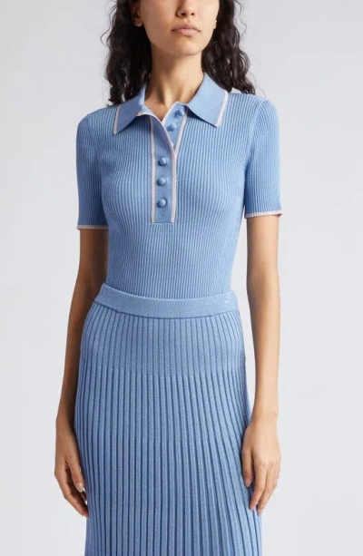 Zimmermann Metallic Rib Polo Sweater In Denim Blue