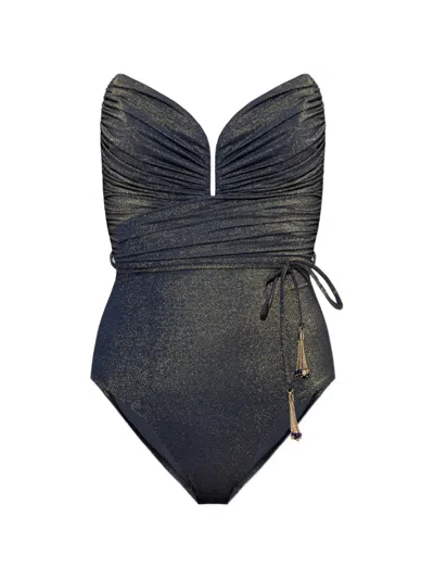 Zimmermann Metallic-effect Ruched Swimsuit In Black