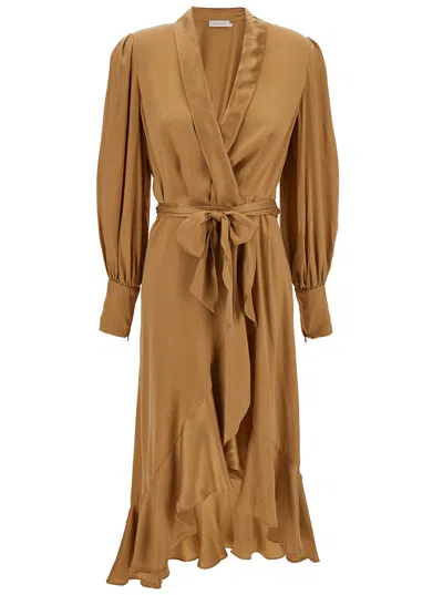 Zimmermann Midi Asymmetric Beige Dress With Belt In Silk Woman