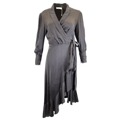 Pre-owned Zimmermann Midi Asymmetrical Wrap Dress In Black Silk