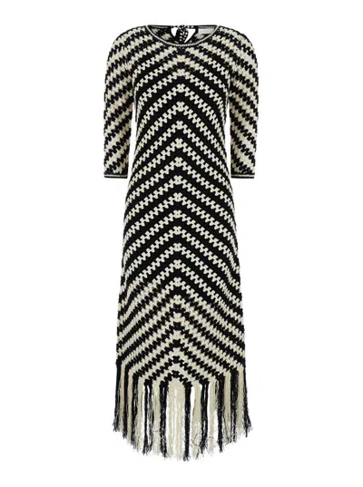 ZIMMERMANN MIDI BLACK AND WHITE DRESS WITH CHEVRON MOTIF IN CROCHET WOMAN