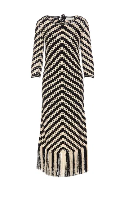 ZIMMERMANN MIDI BLACK AND WHITE DRESS WITH CHEVRON MOTIF IN CROCHET WOMAN