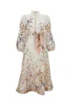 Zimmermann Rebellion Multicolor Midi Dress With Bow Detail On The Front And All-over Floral Print In Linen Woma In Multi