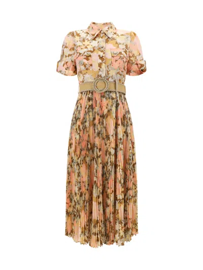 Zimmermann Pop Pleated Midi Shirtdress In Gold