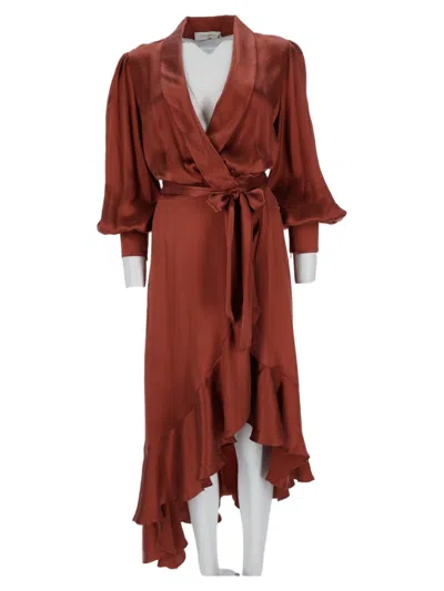 Zimmermann Midi Dress With Asymmetrical Hem And Wrap Design In Red