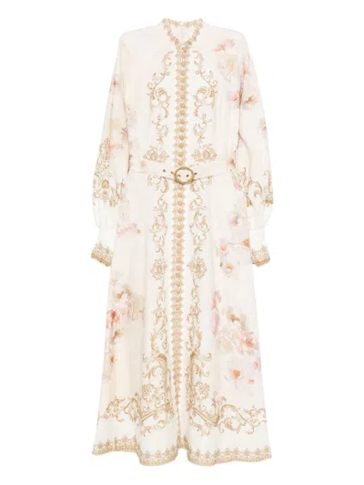 Zimmermann Cream Peony Print Linen Hypnotic Midi Dress In White