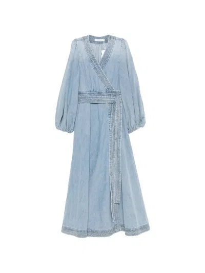 Zimmermann V-neck Mini Dress With Gathered Waist And Center Front Buttons - Size 1 In Blue