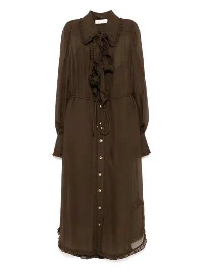 Zimmermann Midi Ruffle Dress In Brown