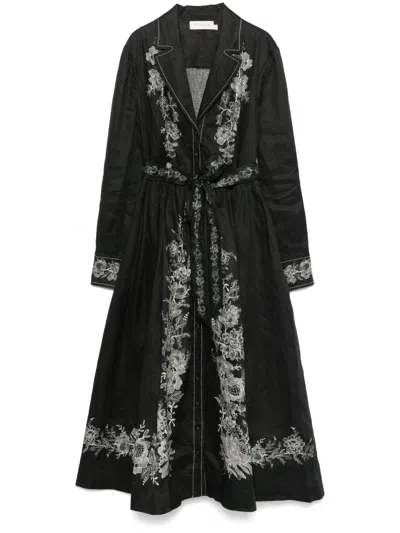 Zimmermann Embroidered Long Sleeve Linen Shirtdress In Schwarz